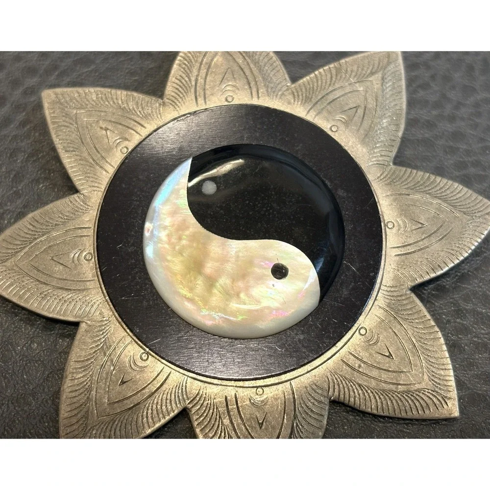 HUGE Yin Yang Symbol Black White MOP Etched Lotus Flower Ethnic Boho Pin Brooch